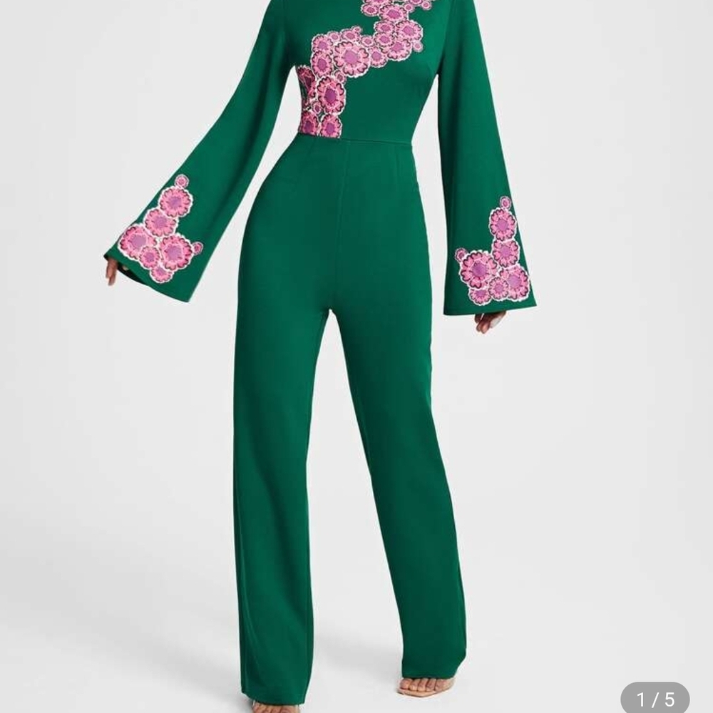Elegant Green Jumpsuit with Pink Floral Accents